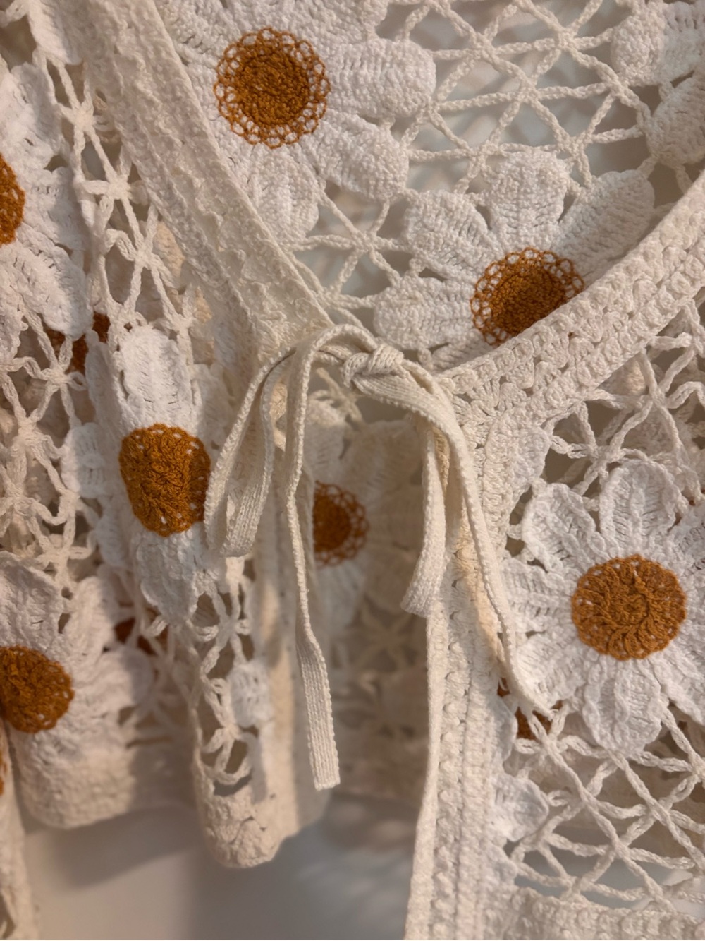 Anthropologie Crochet Daisy Tie-Front Cardigan - Cream with Mustard - Picture 4 of 5